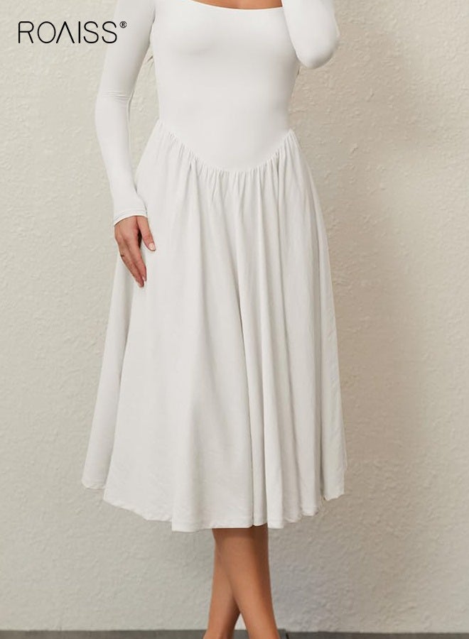 رويس فستان بأكمام طويلة ورقبة مربعة بلون سادة، تنورة هيبورن بخصر مرتفع للنساء، تنورة طويلة بيضاء ضيقة ومطرزة بكسرات - Image 3