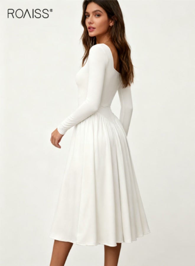 رويس فستان بأكمام طويلة ورقبة مربعة بلون سادة، تنورة هيبورن بخصر مرتفع للنساء، تنورة طويلة بيضاء ضيقة ومطرزة بكسرات - Image 2