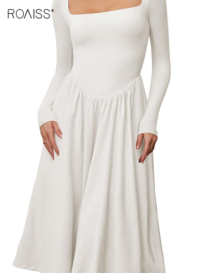 رويس فستان بأكمام طويلة ورقبة مربعة بلون سادة، تنورة هيبورن بخصر مرتفع للنساء، تنورة طويلة بيضاء ضيقة ومطرزة بكسرات - Image 1