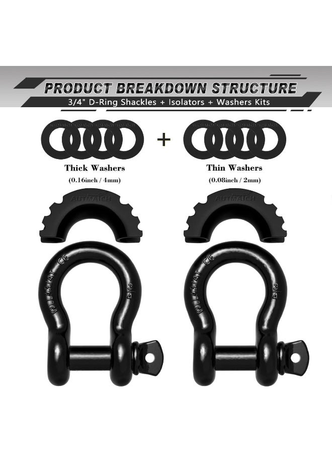 AUTMATCH D Ring Shackle 3/4" Shackles (2 Pack) 41,887Ibs Break Strength With 7/8" Screw Pin And Shackle Isolator Washers Kit For Tow Strap Winch Off Road Vehicle Recovery Black - Image 2