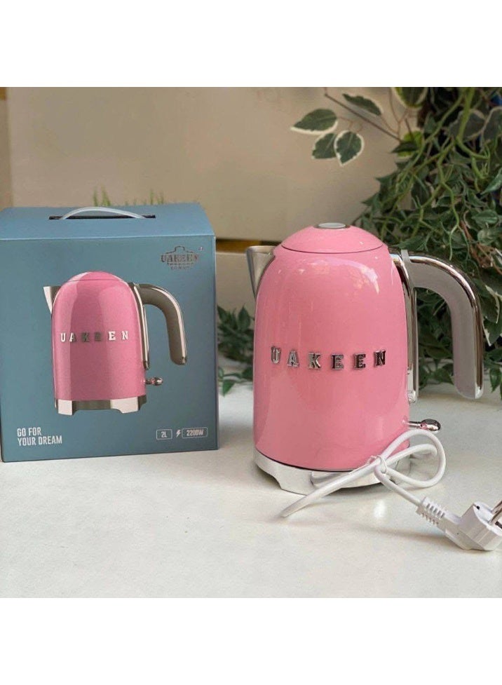 غلاية يوكين ستايل، سعة 2 لتر مع مؤشر لمستوى الماء، قاعدة دوارة 360 درجة، أقدام مانعة للانزلاق، غطاء ناعم الفتح بقوة 2200 واط، مصنوعة من الفولاذ المقاوم للصدأ، لون بينك - Image 3