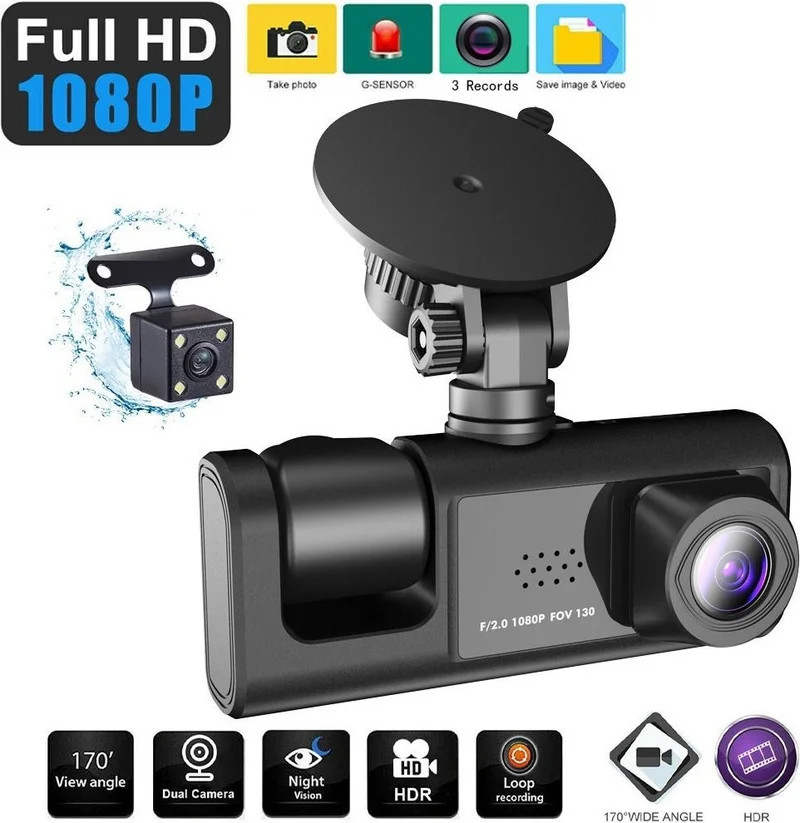CONCORD Car DVR 3 Channel Dash Camera 1 080 Front and Rear Dashcam Video Recorder Night Vision Compatible CC-33