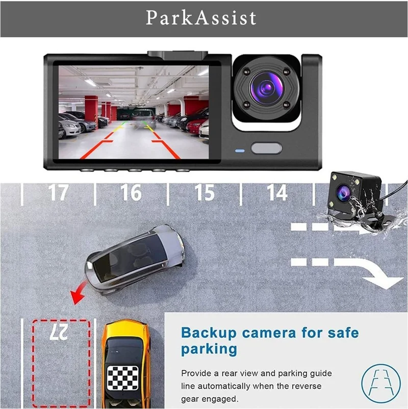 CONCORD Car DVR 3 Channel Dash Camera 1 080 Front and Rear Dashcam Video Recorder Night Vision Compatible CC-33