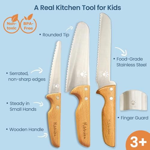 Kibbidea Kids Knife Set for Real Cooking, 4pcs Safe Kitchen Knives for Beginners, Food-grade Stainless Steel Blades for Cutting Chopping, Child First Starter knife, BPA-free (Silver) - Image 3