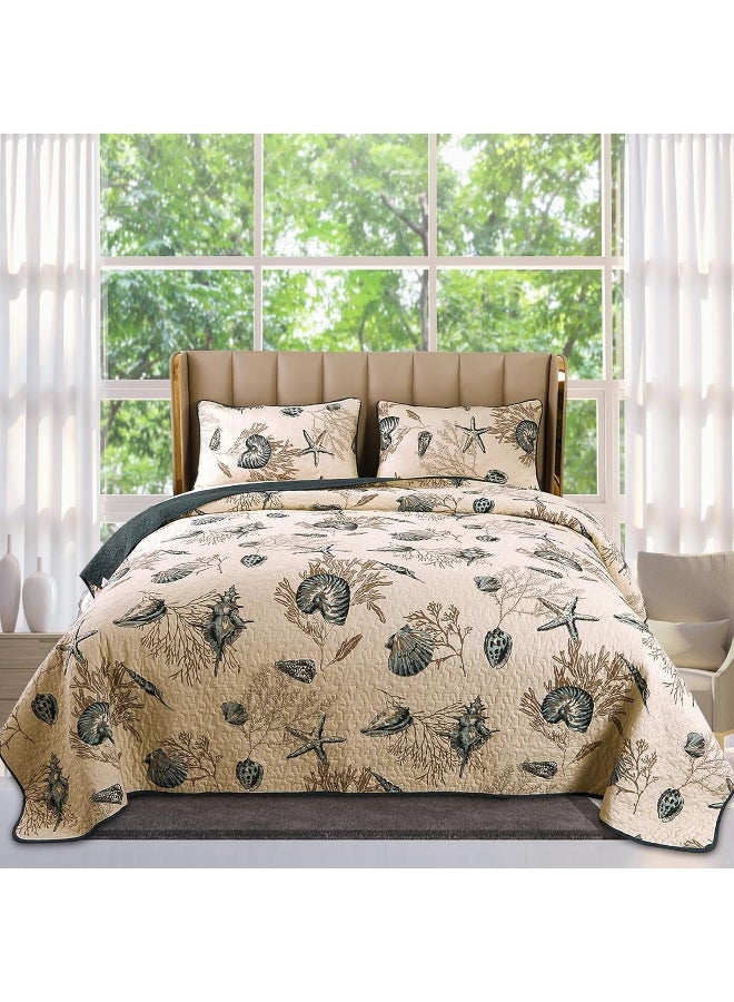 Comforbed Comforbed Qucover 3-Pieces Blue Shell Starfish Beach Theme Quilts King Size, Cotton Bedspreads King All Seasons, Coastal Bedding Quilts King Size 98x106 Inch  - Image 1