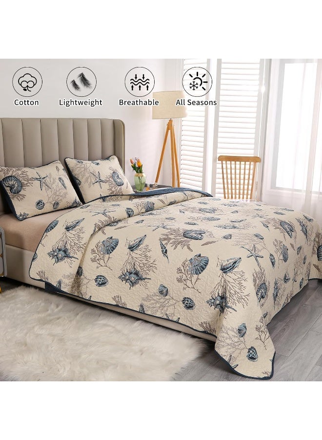 Comforbed Comforbed Qucover 3-Pieces Blue Shell Starfish Beach Theme Quilts King Size, Cotton Bedspreads King All Seasons, Coastal Bedding Quilts King Size 98x106 Inch  - Image 2