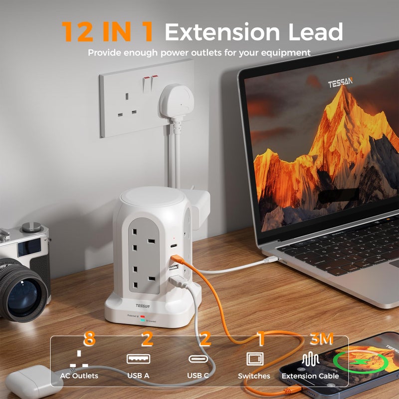 تيسان TESSAN 8 Way Tower Extension Lead 3M with 4 USB Slots (2 USB C) - Image 2