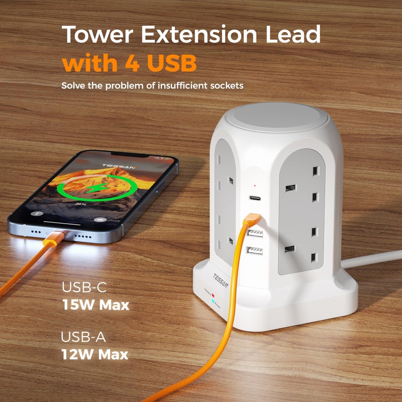 تيسان TESSAN 8 Way Tower Extension Lead 3M with 4 USB Slots (2 USB C) - Image 3