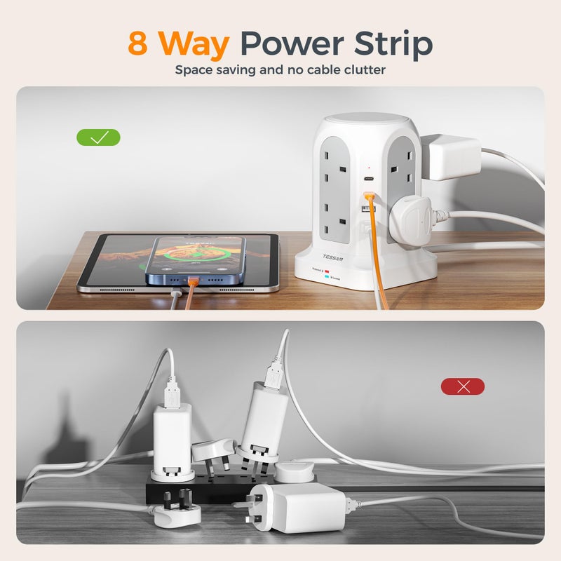 تيسان TESSAN 8 Way Tower Extension Lead 3M with 4 USB Slots (2 USB C) - Image 5