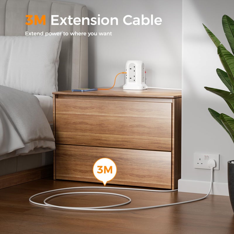 تيسان TESSAN 8 Way Tower Extension Lead 3M with 4 USB Slots (2 USB C) - Image 4