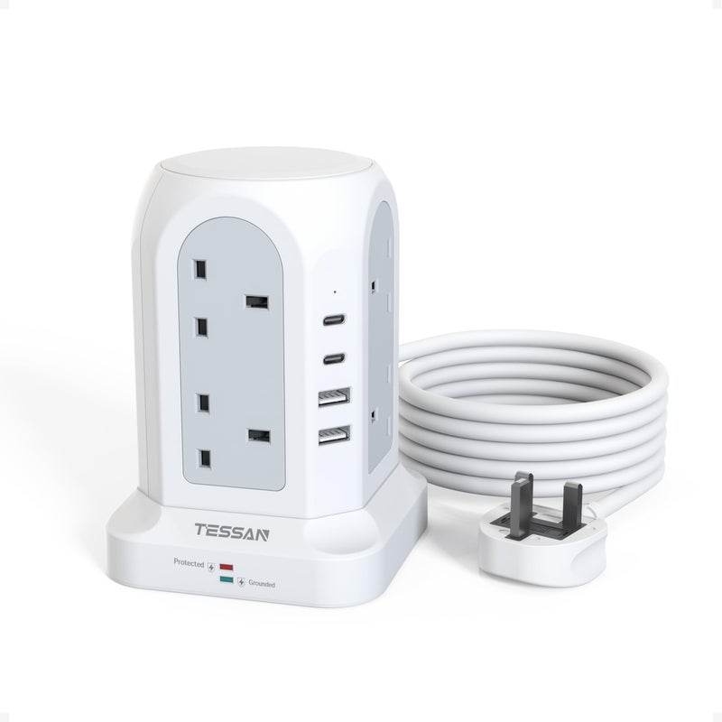 تيسان TESSAN 8 Way Tower Extension Lead 3M with 4 USB Slots (2 USB C) - Image 1