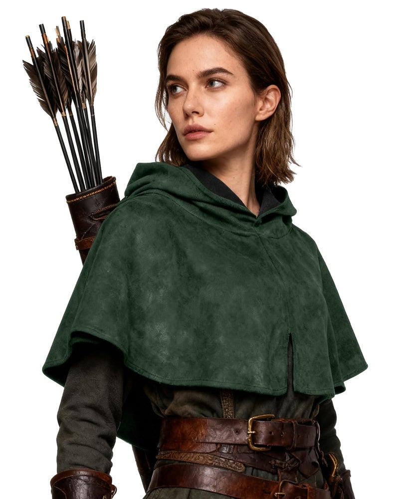 L'VOW Medieval Cowl Hooded Cape Renaissance Short Cloak with Hood for Women Men Halloween Cosplay Costume(Green) - Image 1