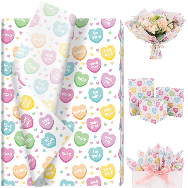 Fabllewavi 100 Sheets Valentineâ€™s Day Conversation Heart Tissue Paper, Romantic Love Heart Patterns Wrapping Paper for Valentines Day DIY Crafts Wedding Anniversary Party Supplies, 13.8 x 19.7 Inch - Image 1
