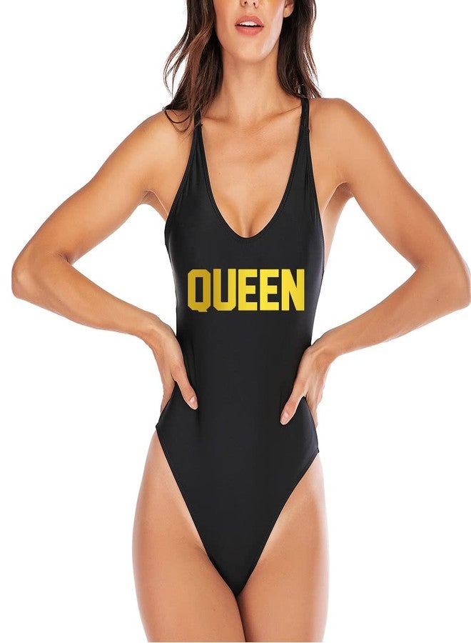 Haiteng Mommy and Me Matching Family Swimwear Queen & PRINNCESS One Piece Mother Daughter Girl Swimsuits Cross Back Beachwear Black Gold, 3-4T - Image 2