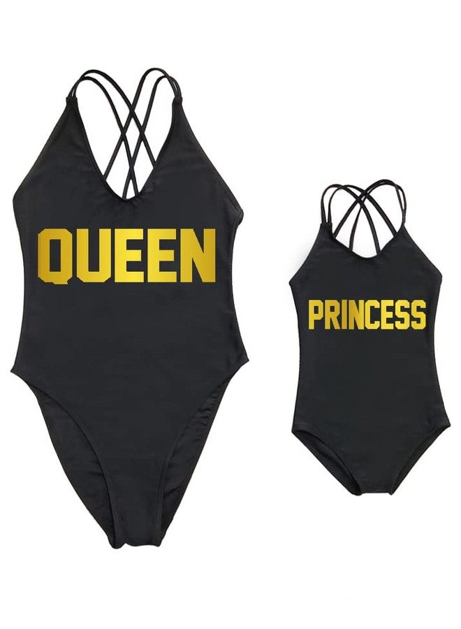 Haiteng Mommy and Me Matching Family Swimwear Queen & PRINNCESS One Piece Mother Daughter Girl Swimsuits Cross Back Beachwear Black Gold, 3-4T - Image 1