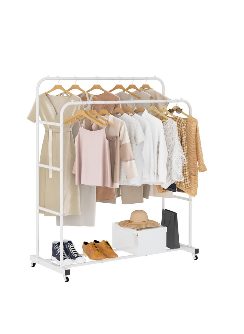 Linesia Double Rod Clothes Rack with Wheels, Clothes Hanging Rack, Multifunctional Clothes Rack for Bedroom, White - Image 1