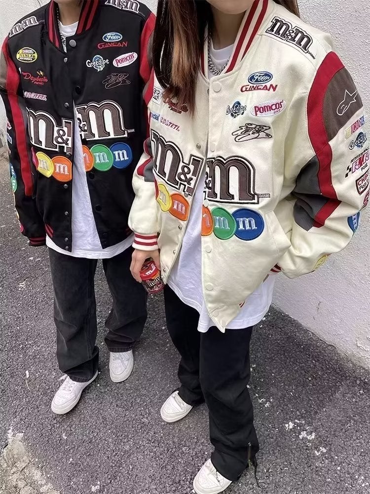 American high street letter mm bean embroidered baseball jacket quilted men's and women's loose vintage racing jacket - Image 4