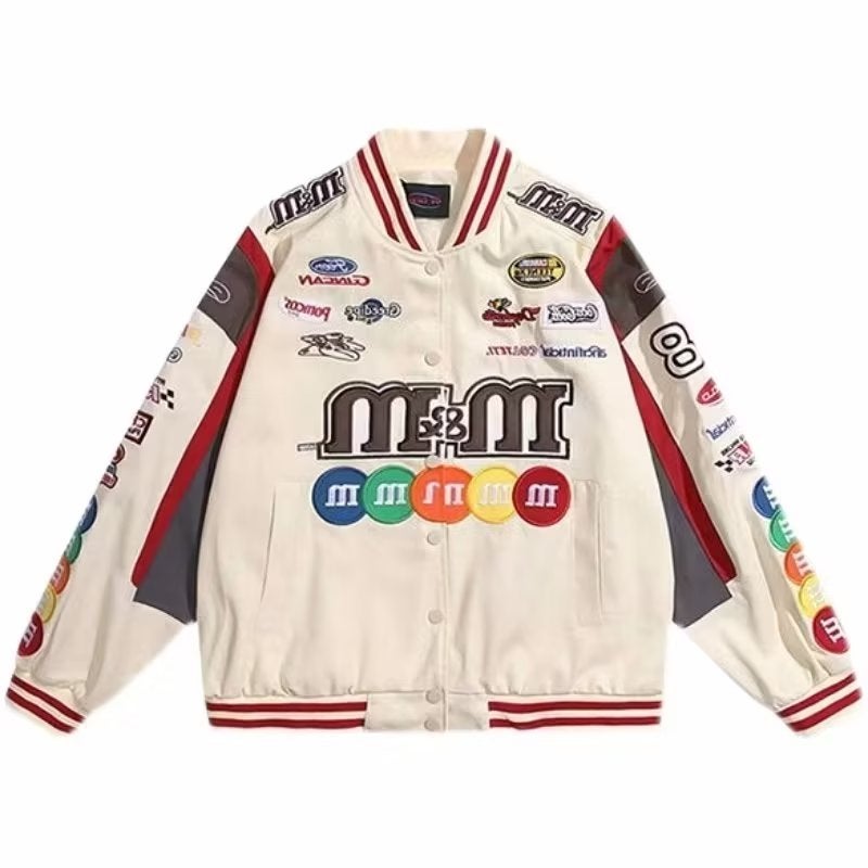 American high street letter mm bean embroidered baseball jacket quilted men's and women's loose vintage racing jacket - Image 2
