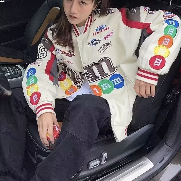 American high street letter mm bean embroidered baseball jacket quilted men's and women's loose vintage racing jacket - Image 5