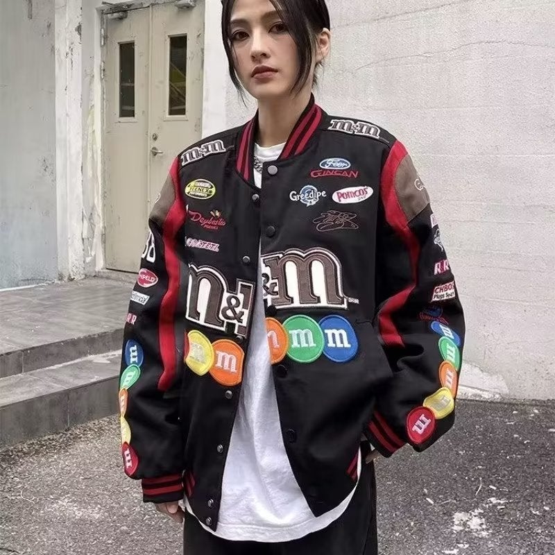 American high street letter mm bean embroidered baseball jacket quilted men's and women's loose vintage racing jacket - Image 1