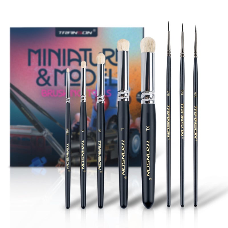 Transon 8pcs Miniature Painting Dry Brush Set with 5 Drybrushes and 3 Small Detail Brushes for Model Making and Miniature Model Painting - Image 1