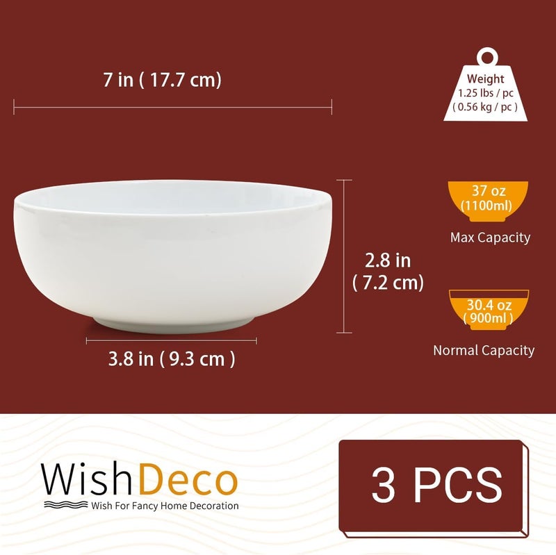WishDeco Large Soup Bowls Set of 3, Ceramic Salad Bowls 1100 ml / 37 oz, Pasta Bowls ∅18 cm / 7 inch, White Serving Bowl for Cereal, Noodle Ramen, Fruit, Dessert - Image 3