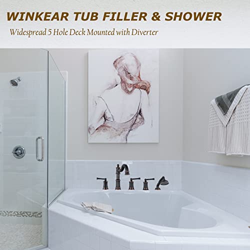 WINKEAR Roman Tub Faucet Set With Handheld Shower 5 Hole Deck Mount Tub Filler With Diverter, 3 Lever Handle Rough-in Valve and Water Supply Lines Included for Bathroom Tub, ORB - Image 2