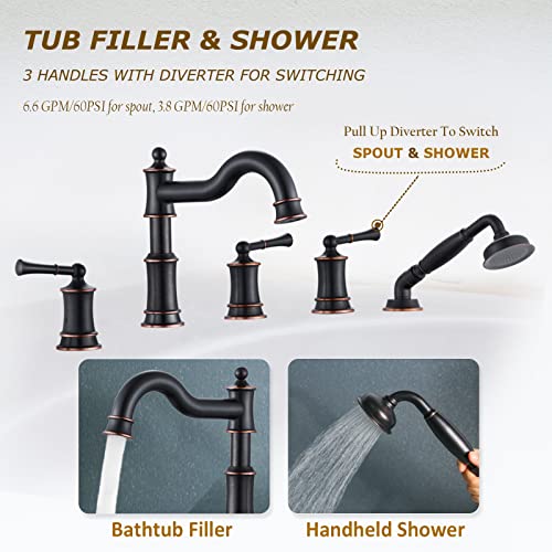 WINKEAR Roman Tub Faucet Set With Handheld Shower 5 Hole Deck Mount Tub Filler With Diverter, 3 Lever Handle Rough-in Valve and Water Supply Lines Included for Bathroom Tub, ORB - Image 3