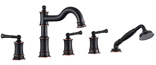 WINKEAR Roman Tub Faucet Set With Handheld Shower 5 Hole Deck Mount Tub Filler With Diverter, 3 Lever Handle Rough-in Valve and Water Supply Lines Included for Bathroom Tub, ORB - Image 1