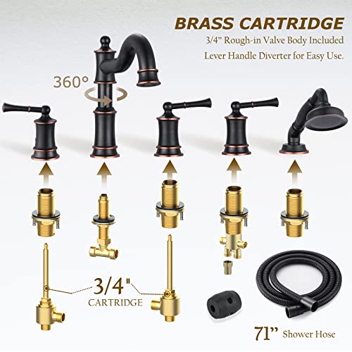 WINKEAR Roman Tub Faucet Set With Handheld Shower 5 Hole Deck Mount Tub Filler With Diverter, 3 Lever Handle Rough-in Valve and Water Supply Lines Included for Bathroom Tub, ORB - Image 5