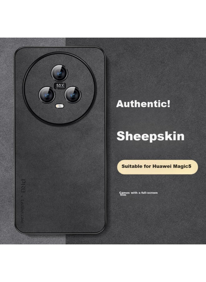 Shangsu Compatible With Honor Magic5 Phone Case, Huawei Magic5 Protective Cover, Shockproof, Full Lens Protection, Soft Shell, Luxury Lambskin Silicone Outer Case, Women's And Men's Leather Case, Black - Image 1