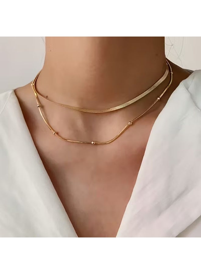Goolsky طقم قلادة سلسلة من الفولاذ المقاوم للصدأ بطبقتين أنيقتين مكون من 2 قطعة، موضة بوهيمية، إكسسوار يومي للنساء و للحفلات، مطلي بالذهب عيار 18، بدون أحجار كريمة، مناسب لجميع المواسم - Image 4