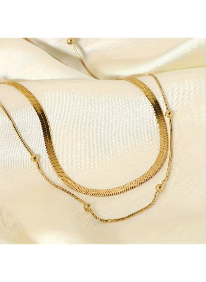 Goolsky طقم قلادة سلسلة من الفولاذ المقاوم للصدأ بطبقتين أنيقتين مكون من 2 قطعة، موضة بوهيمية، إكسسوار يومي للنساء و للحفلات، مطلي بالذهب عيار 18، بدون أحجار كريمة، مناسب لجميع المواسم - Image 3