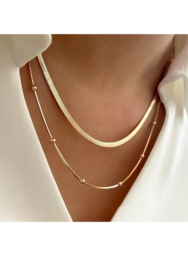 Goolsky طقم قلادة سلسلة من الفولاذ المقاوم للصدأ بطبقتين أنيقتين مكون من 2 قطعة، موضة بوهيمية، إكسسوار يومي للنساء و للحفلات، مطلي بالذهب عيار 18، بدون أحجار كريمة، مناسب لجميع المواسم - Image 2