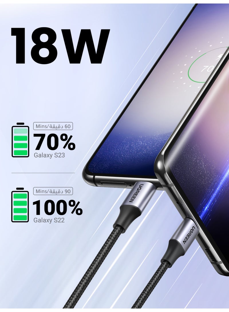 يو جرين كابل تايب سي مكون من قطعتين من كابل USB A إلى USB C بقوة 18 وات و1 متر شحن سريع من النايلون الممتاز المضفر المتين عالي الجودة متوافق مع سلسلة آيفون وسلسلة سلسلة سامسونج A وشاومي وأوبو وفيفو وصندوق سماعات الأذن وباوربانك - Image 2