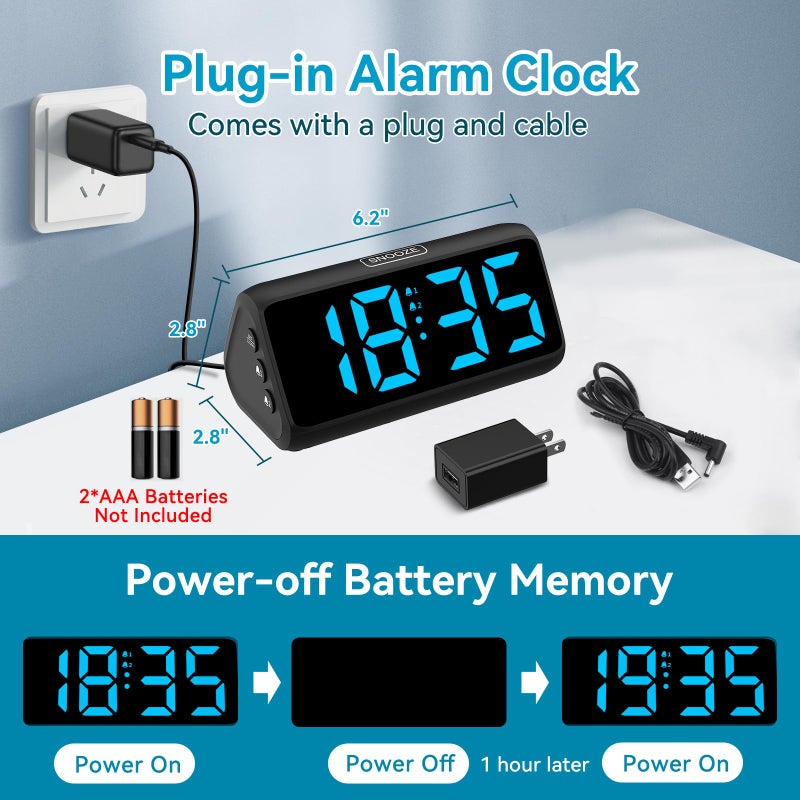 Netzu Digital Alarm Clocks for Bedrooms, Loud Alarm Clock with Dual Alarms, Bold Digits, 5 Dimmers, 4 Volumes, Snooze, Bedside Clock for Deep Sleepers Kids Teens Seniors, Plug in Clock, Easy to Set - Image 5