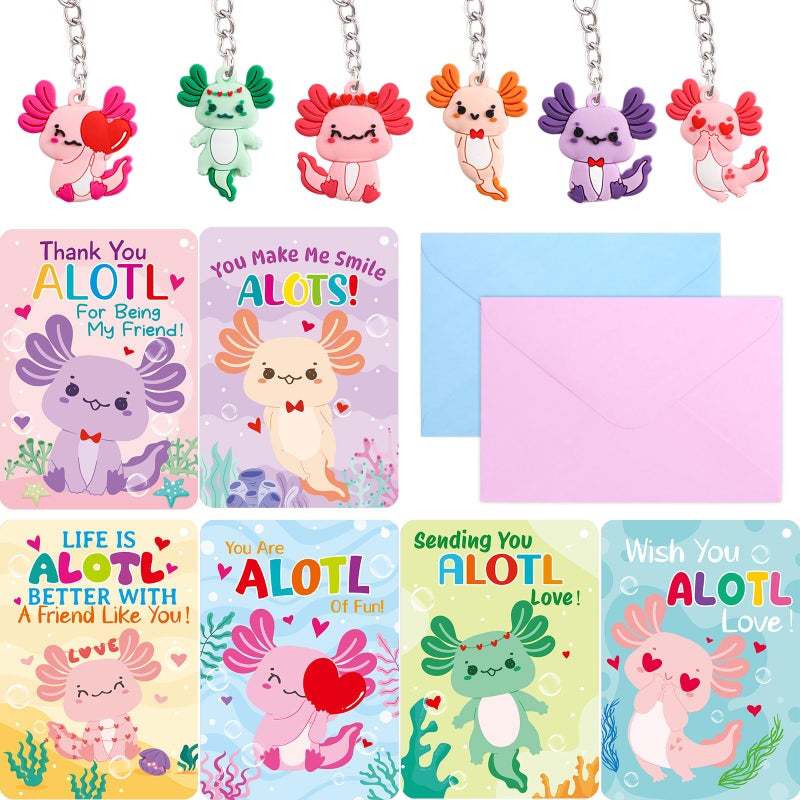 Fancy Land 30 Pack Valentines Cards Classroom Kids Axolotl Valentines Day Cards with Keychains Valentine Gift Set Exchange Boys Girls Goody Bag Favors Cute Axolotl - Image 2