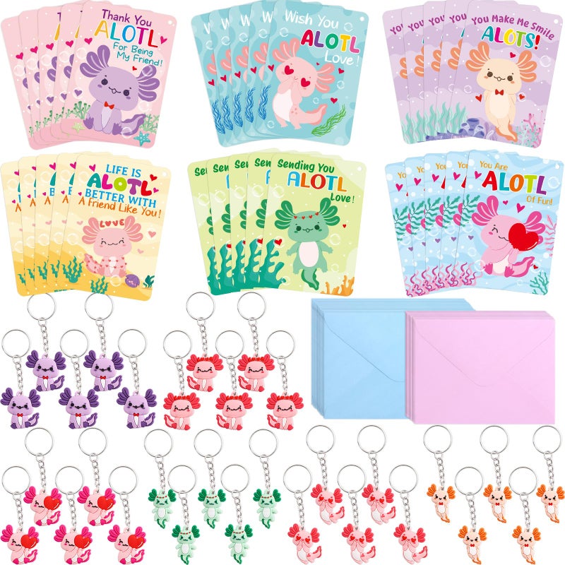 Fancy Land 30 Pack Valentines Cards Classroom Kids Axolotl Valentines Day Cards with Keychains Valentine Gift Set Exchange Boys Girls Goody Bag Favors Cute Axolotl - Image 1