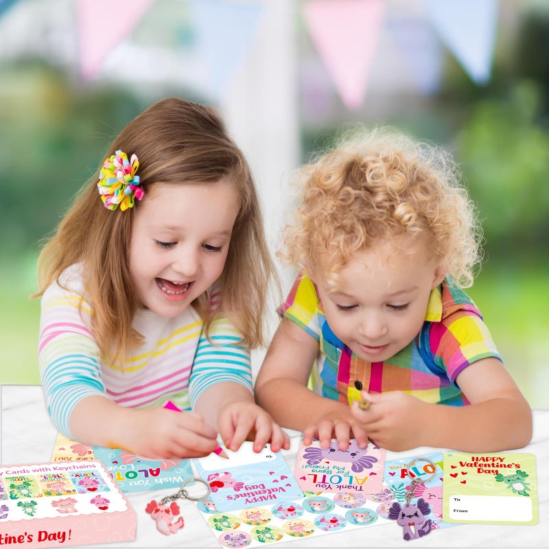 Fancy Land 30 Pack Valentines Cards Classroom Kids Axolotl Valentines Day Cards with Keychains Valentine Gift Set Exchange Boys Girls Goody Bag Favors Cute Axolotl - Image 4