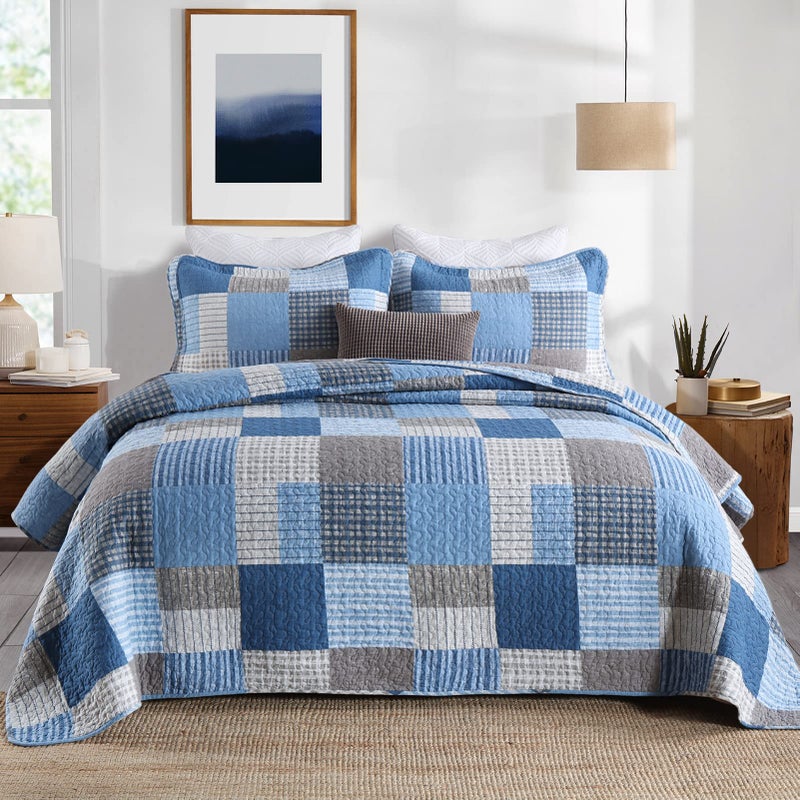 Y-PLWOMEN YPLWOMEN Queen Quilt Set Bedspread 100 Cotton Queen Size Quilt Blue Grey Navy Patchwork Plaid Quilt Bedding Sets for Queen Size Bed 3 Piece Lightweight Soft Summer Quilt 
