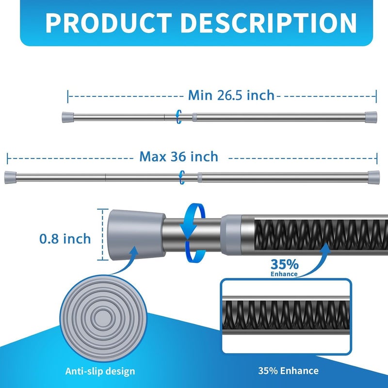 AIZESI 2 Pack Tension Rods for Windows 26.5 to 36 inch, Adjustable Pressure Spring Curtain Rods No Drilling, Curtain Rods for Doorway Closet Door, Silver - Image 5