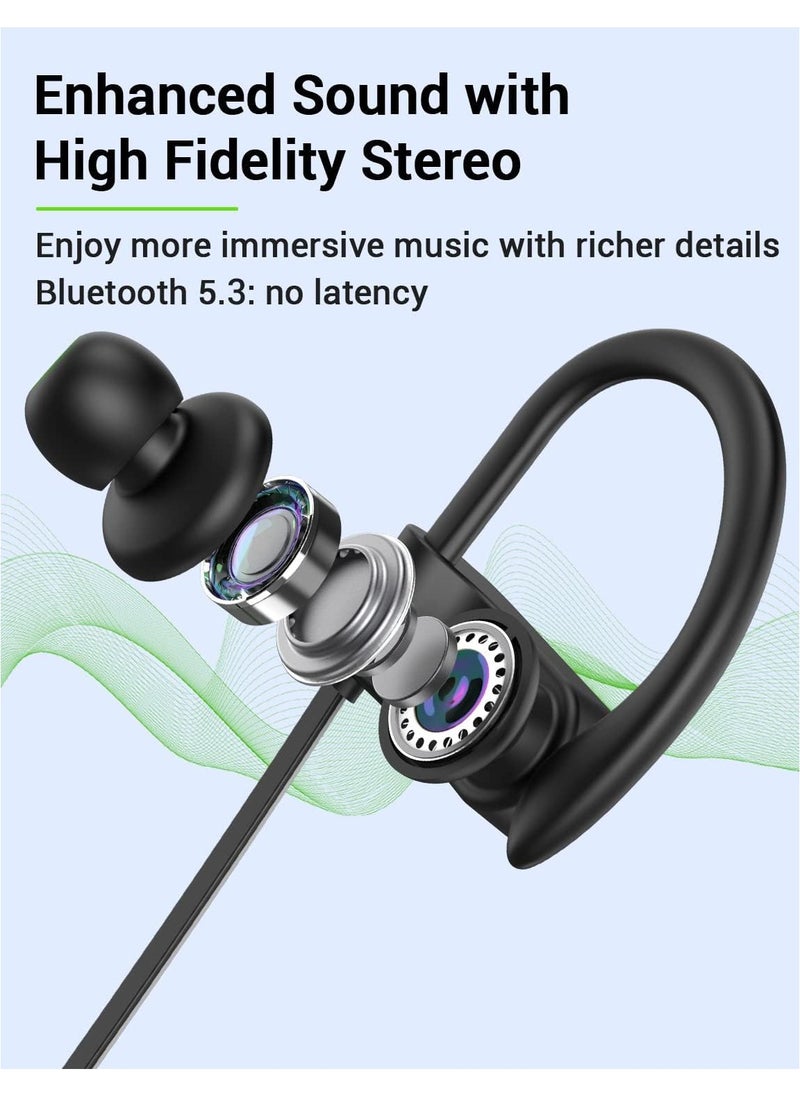 lekikpo Lekikpo Bluetooth Headphones, 5.3 Wireless Sports Earbuds IPX7 Waterproof with Mic, Stereo Sweatproof in-Ear Earphones, Noise Cancelling Headsets for Gym Running Workout, 16 Hours Playtime - Black&Grey  - Image 4