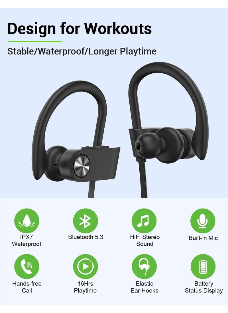 lekikpo Lekikpo Bluetooth Headphones, 5.3 Wireless Sports Earbuds IPX7 Waterproof with Mic, Stereo Sweatproof in-Ear Earphones, Noise Cancelling Headsets for Gym Running Workout, 16 Hours Playtime - Black&Grey  - Image 2