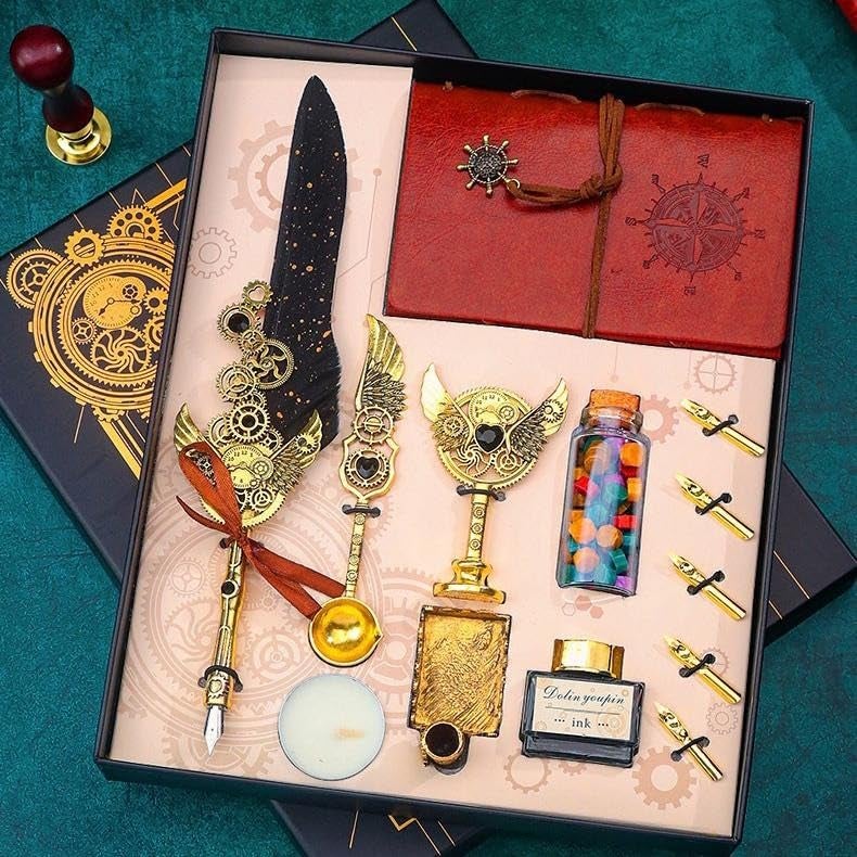 PLUSPOINT Vintage Quill Pen & Ink Set Elegant Writing Luxury Fountain Calligraphy Ink Pen Set with Diary Wax for Stamp Retro Decor Dip Pen Office Stationery Corporate Gifting for Signature,Multicolor - Image 5