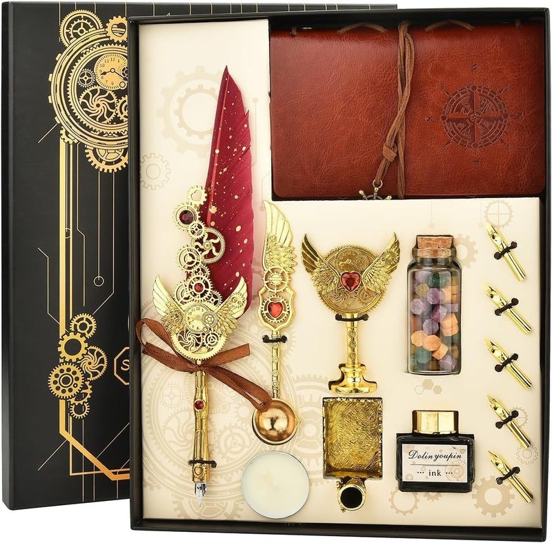 PLUSPOINT Vintage Quill Pen & Ink Set Elegant Writing Luxury Fountain Calligraphy Ink Pen Set with Diary Wax for Stamp Retro Decor Dip Pen Office Stationery Corporate Gifting for Signature,Multicolor - Image 1