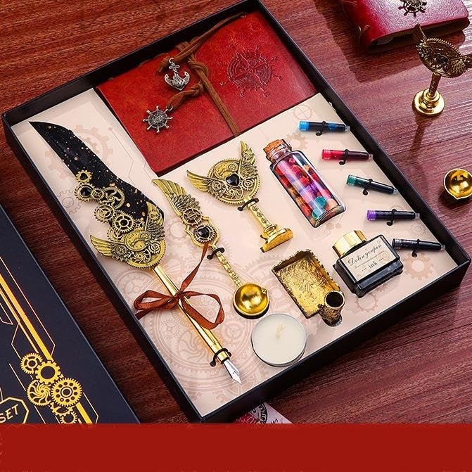 PLUSPOINT Vintage Quill Pen & Ink Set Elegant Writing Luxury Fountain Calligraphy Ink Pen Set with Diary Wax for Stamp Retro Decor Dip Pen Office Stationery Corporate Gifting for Signature,Multicolor - Image 3