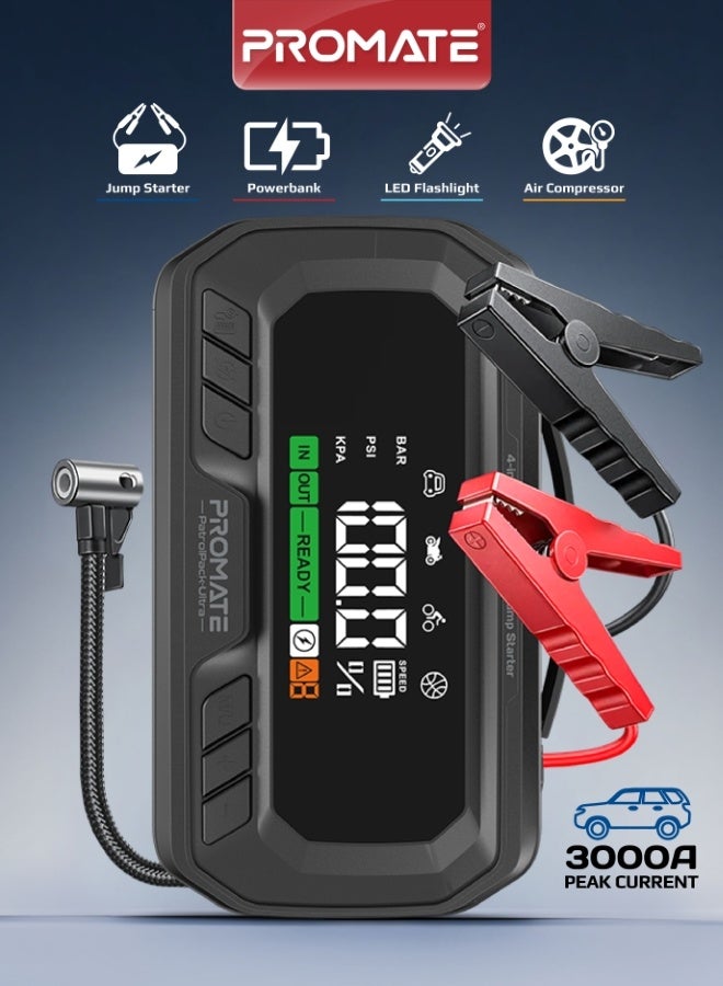 PROMATE PatrolPack-Ultra 3000A 4-in-1 Portable Jump Starter Power Bank with 150PSI Air Compressor, 16000mAh Battery, PD 65W Fast Charging, 7.5" LED Display, TMPS Auto Stop Tyre Inflator, Emergency Flashlight for 12V Vehicles - Image 1