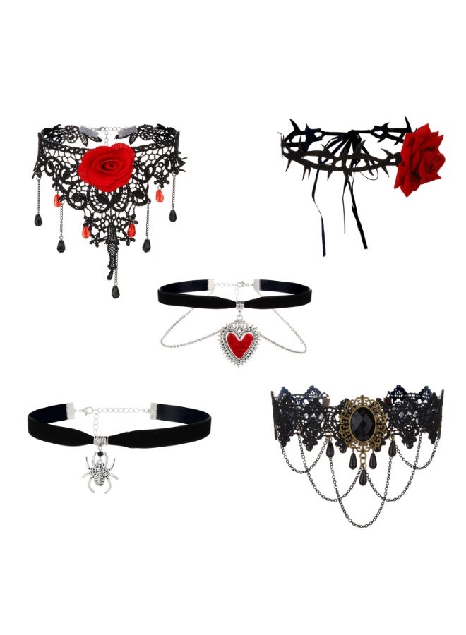 Gothic Choker Necklace Set, 5 Pieces, Black Lace with Red Rose, Spider, Heart Pendants, Victorian Style - Image 1