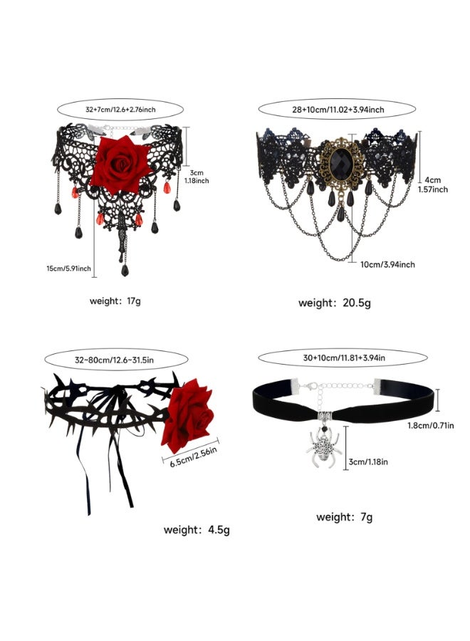 Gothic Choker Necklace Set, 5 Pieces, Black Lace with Red Rose, Spider, Heart Pendants, Victorian Style - Image 3