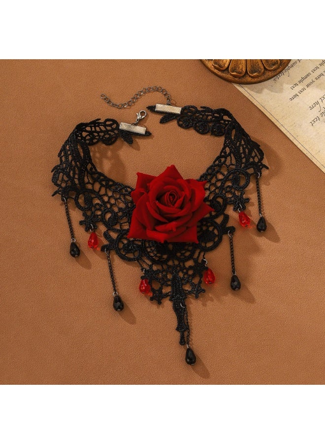 Gothic Choker Necklace Set, 5 Pieces, Black Lace with Red Rose, Spider, Heart Pendants, Victorian Style - Image 4